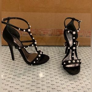 Alexander McQueen black satin white pearl sandal heel size 38